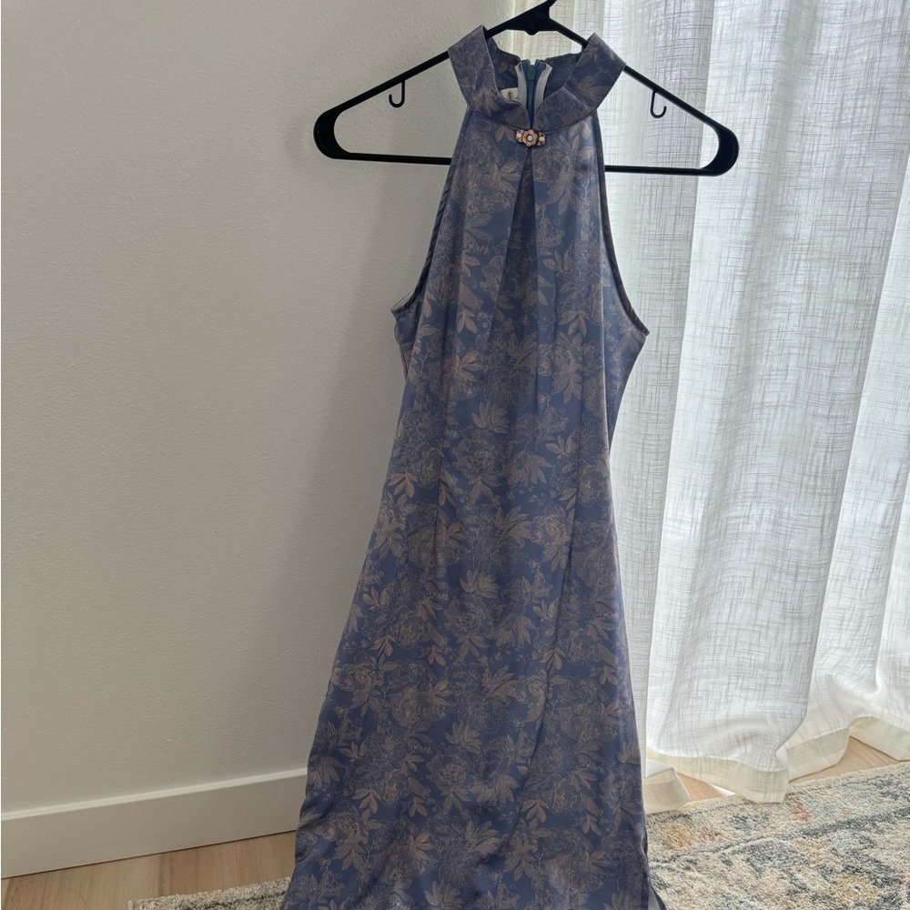 Elegant Blue Floral Halter Qipao Dress